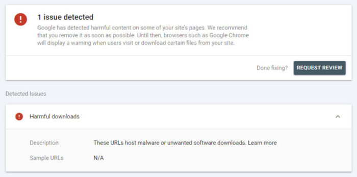 How To Fix Harmful Content Warning in Google Search Console 1 1 issue detected harmful downloads