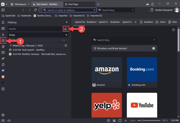 Access browsing history settings in Vivaldi