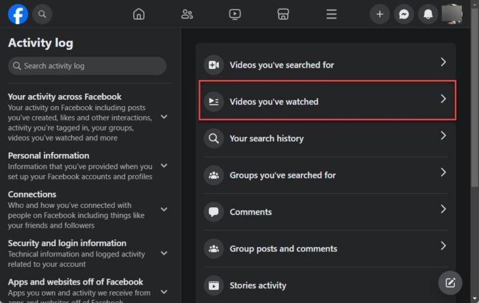 Access the Facebook watch history on browser