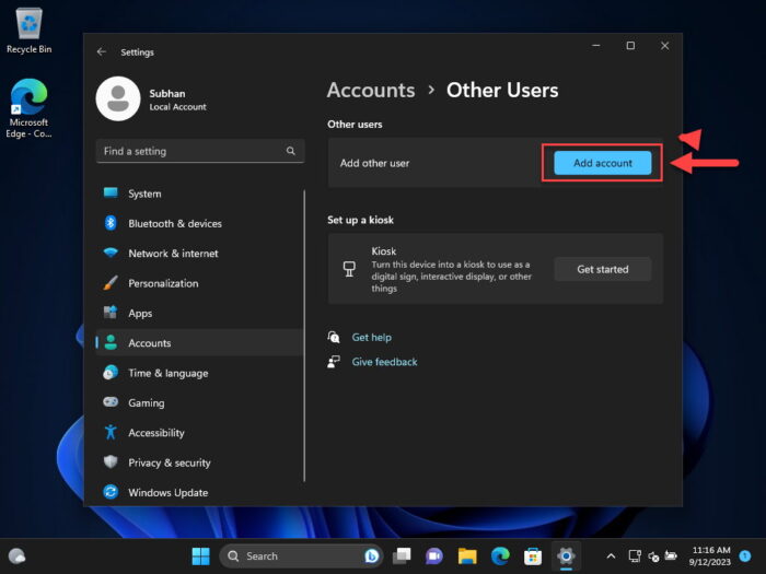 Add account from Settings