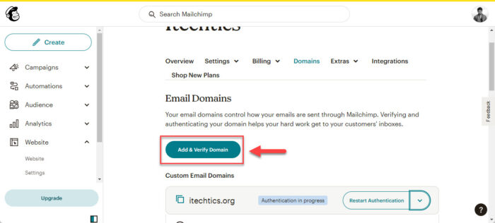 Add and verify domain on MailChimp