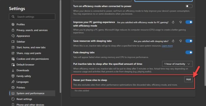 Add exception sites for tab sleeping in Edge