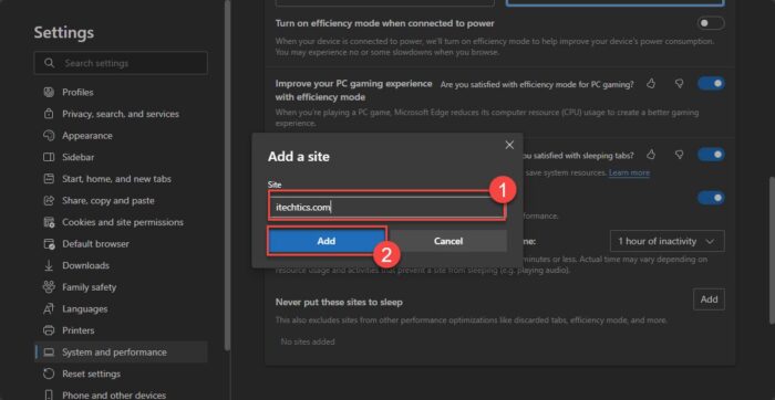 Add URL to never put to sleep in Edge