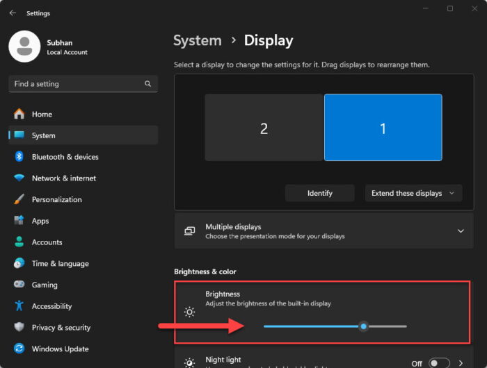 Adjust the screen brightness from the Settings app