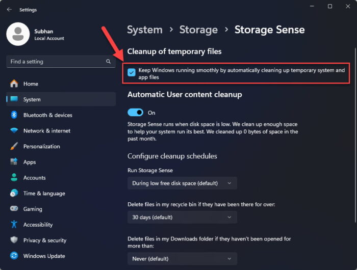 Allow Storage Sense to automatically clean up temporary files