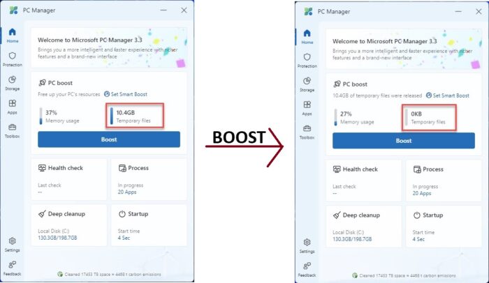 Microsoft Makes PC Manager Generally Available For PC Health Monitoring And Performance Optimizations 4 Before and after boosting PC with PC Manager
