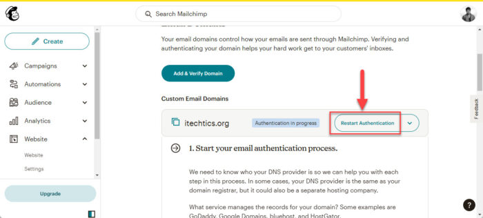 Begin domain authentication process with MailChimp