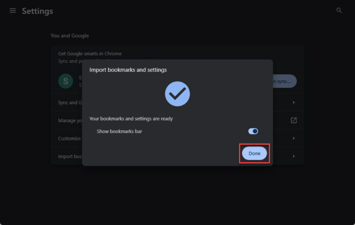 Bookmarks imported successfully in Chrome