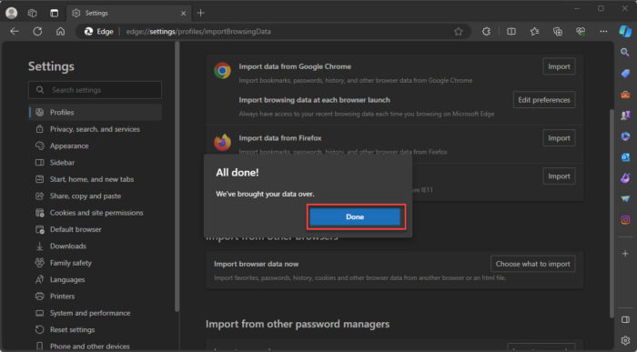 Bookmarks successfully imported in Microsoft Edge