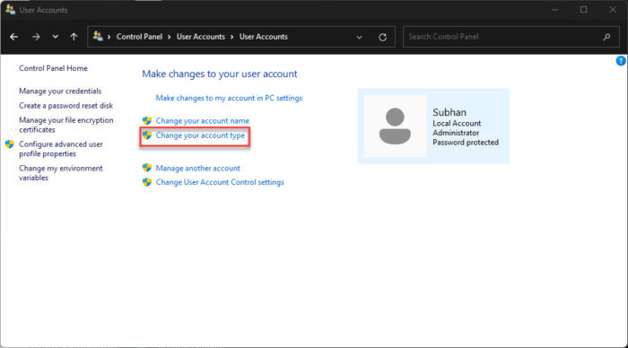 Change account type from Control Panel