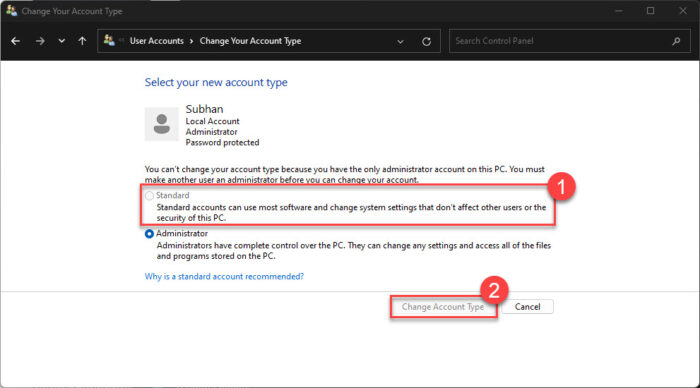 Change account type to standard