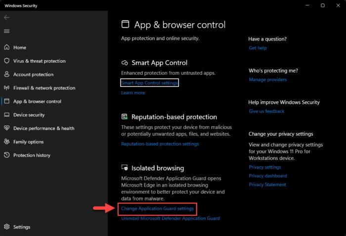 Change Application Guard settings