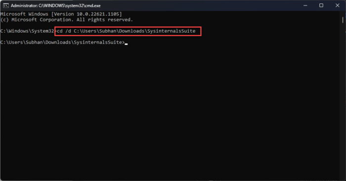 Change directory to Sysinternals Suite