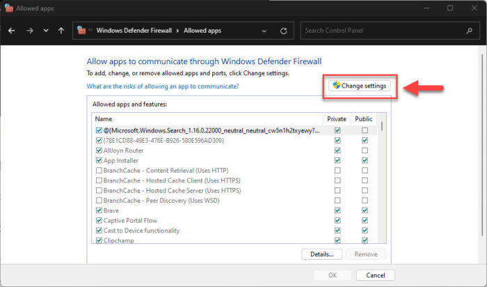 Change firewall settings