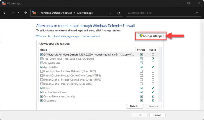 Change firewall settings