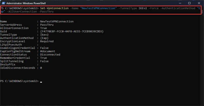 Change global VPN encryption type and authentication method