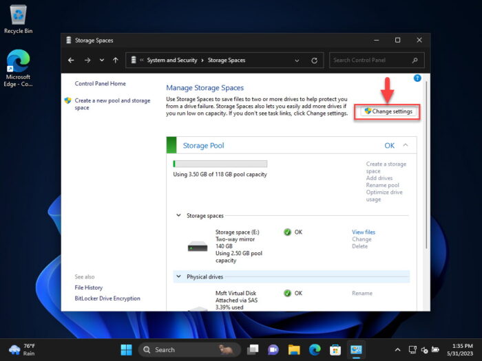 Change Storage Space settings in Control Panel