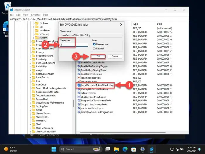 Change Value Data for LocalAccountTokenFilterPolicy to 1
