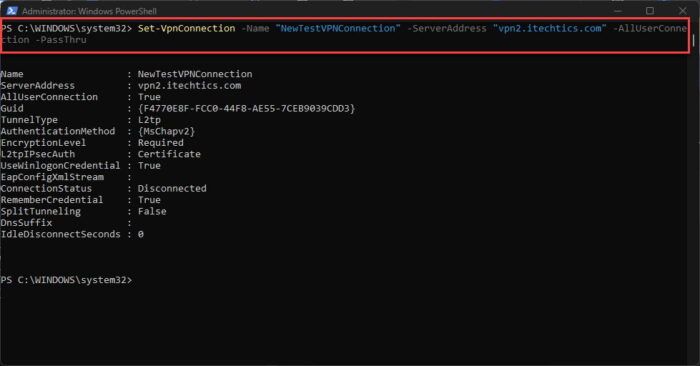 Change VPN server from PowerShell