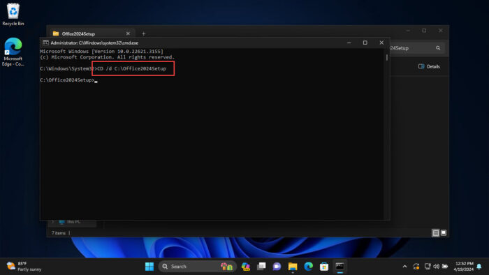 Change working directory to Office setup folder