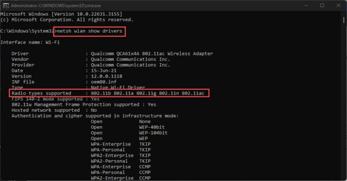 Check access point supported Wi Fi standards from Command Prompt