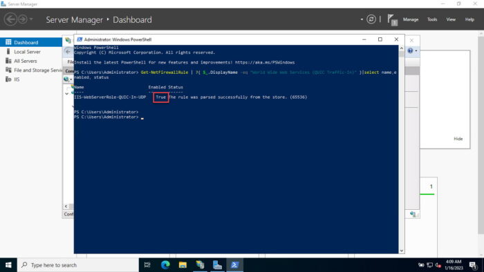 How To Enable HTTP/3 For IIS On Windows Server 2022 13 Check firewall status for 443 port