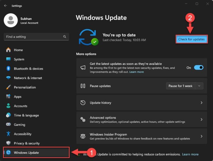 Check for OS updates in Windows 11