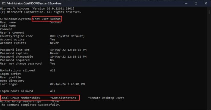 Check if account has admin rights from Command Prompt