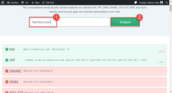 Check if SPF and DKIM records exist with Email Security Deliverability Checker
