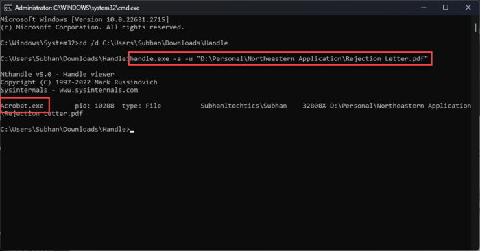 Check which process is using the locked file using Command Prompt