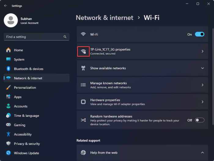 Check Wi Fi signal strength from Settings