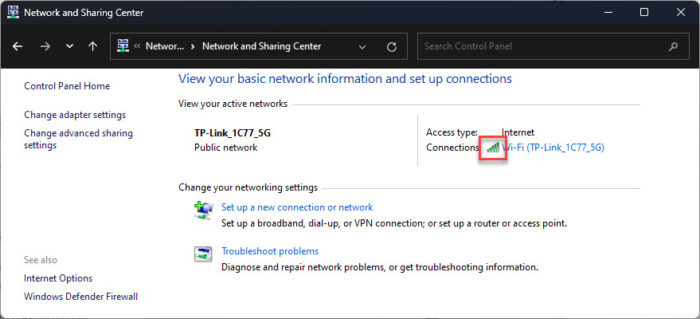Check Wi Fi signal strength from the Control Panel