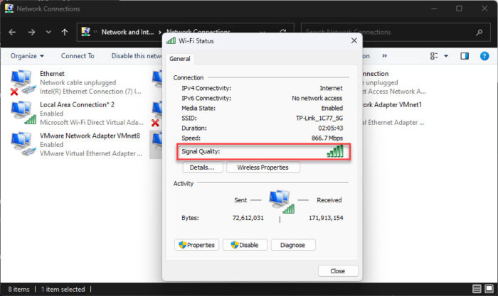 Check Wi Fi signal strength from the Network Connections applet