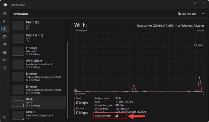 Check Wi Fi signal strength from the Task Manager