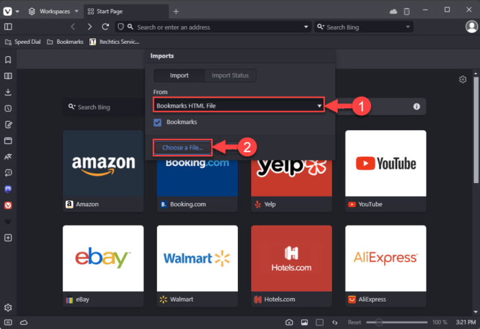 Choose a file to import in Vivaldi