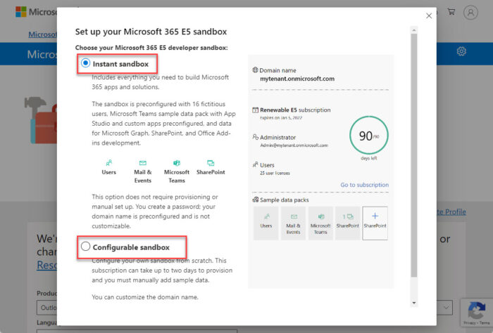 Choose your Microsoft 365 E5 Sandbox type