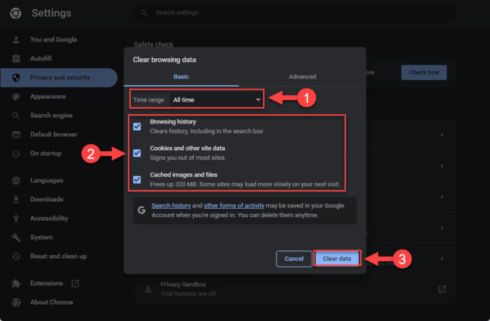 Clear all browsing data including cookies and cache