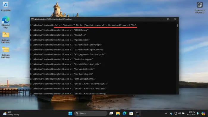 Clear all event logs using Command Prompt