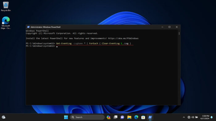 Clear all event logs using Windows PowerShell