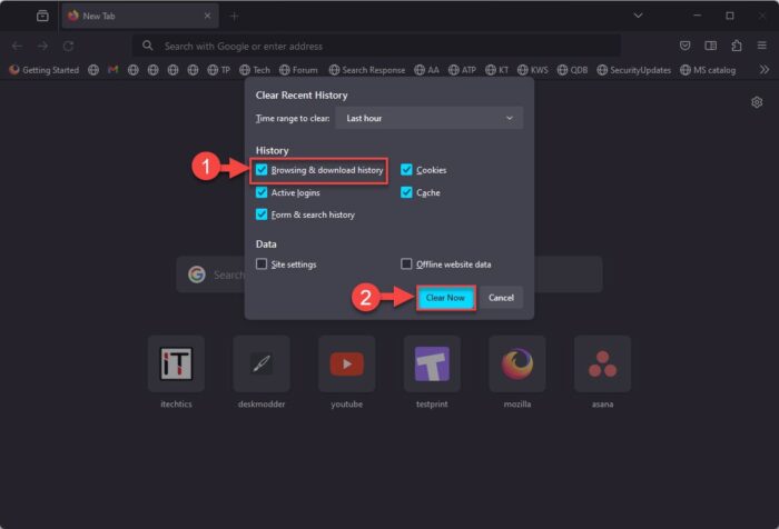 Clear browsing data in Firefox