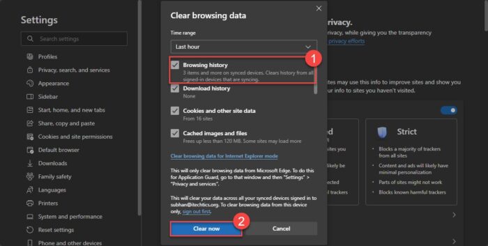 Clear browsing history in Microsoft Edge