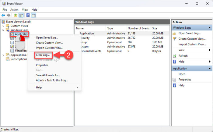 Clear event logs from Event Viewer