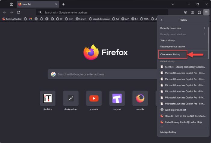 Clear recent history in Firefox