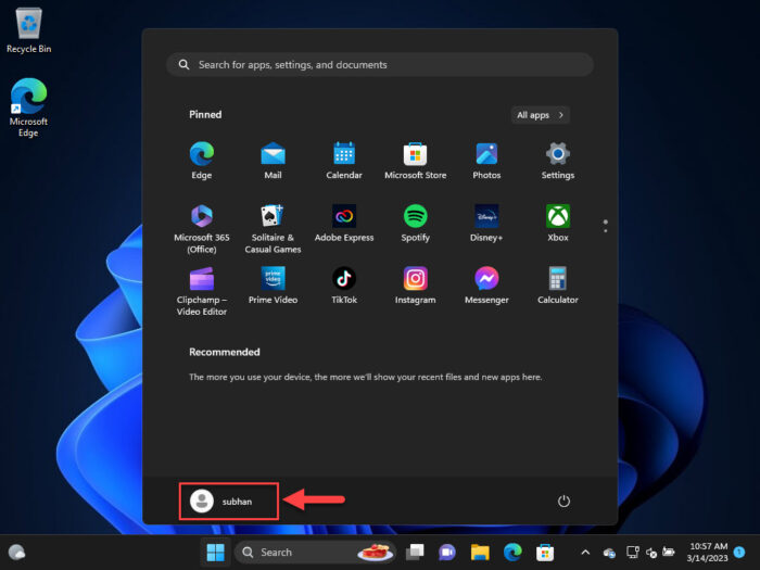 Click on current user account in Start menu