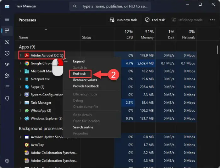 Close Adobe Acrobat from Task Manager