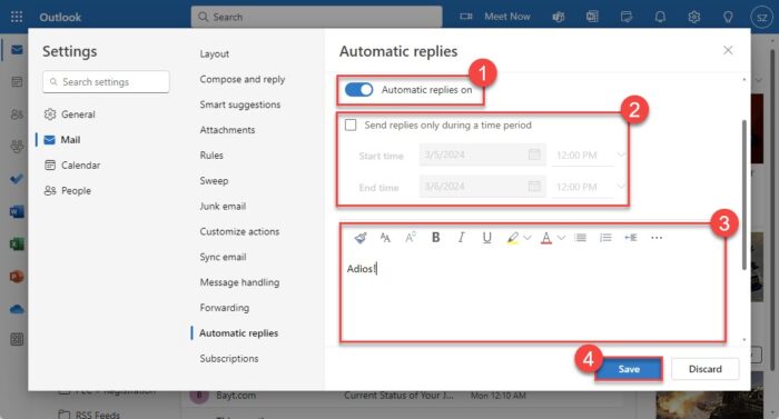 Configure automatic replies in Outlook for web