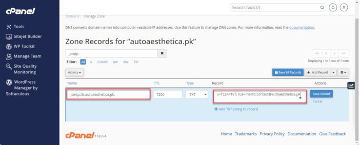 Configure MTA STS TLS Reporting DNS record