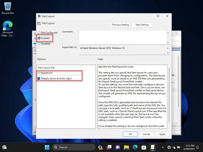 Configure Start menu layout using Group Policy and XML file