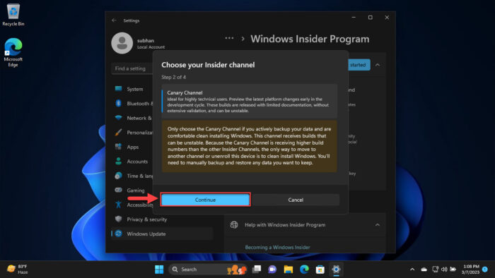 Confirm joining the Windows Insider channel