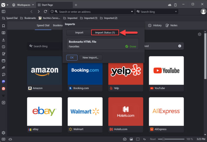 Confirm that bookmarks have been imported in Vivaldi
